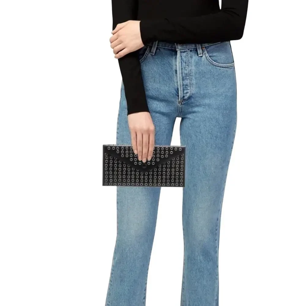 Azzedine Alaïa Studded Leather Envelope Clutch Black Silver-tone Grommets Rare